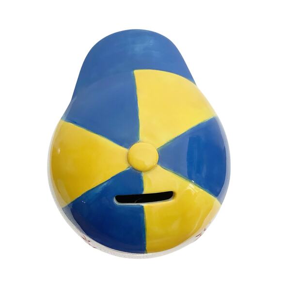 Baseball Ceramic Coin Bank Happy Face Yellow Blue Cap Hat Rubber Stopper - Picture 5 of 8